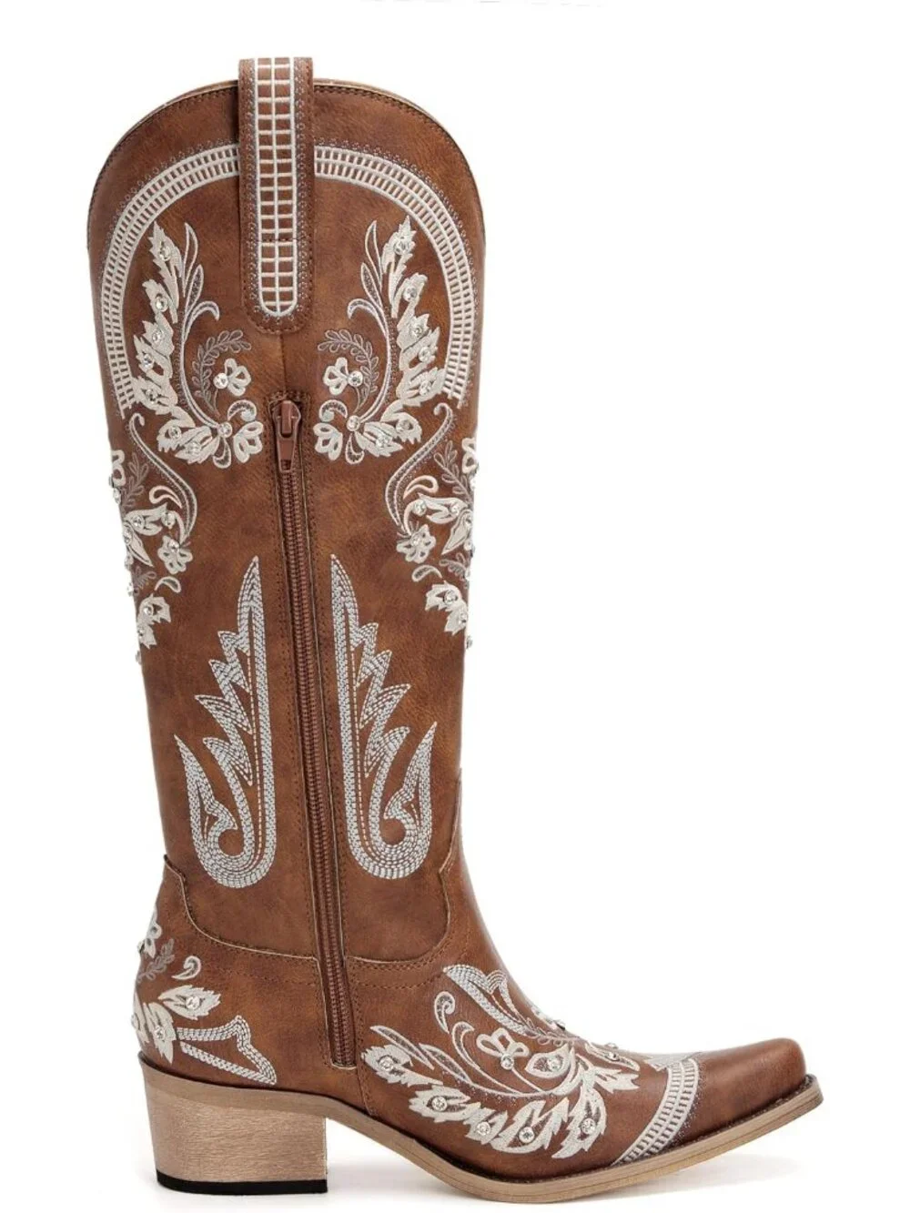 Women's Brown Faux Leather Rhinestone Knee High Cowgirl Snip Toe Zipper Boots